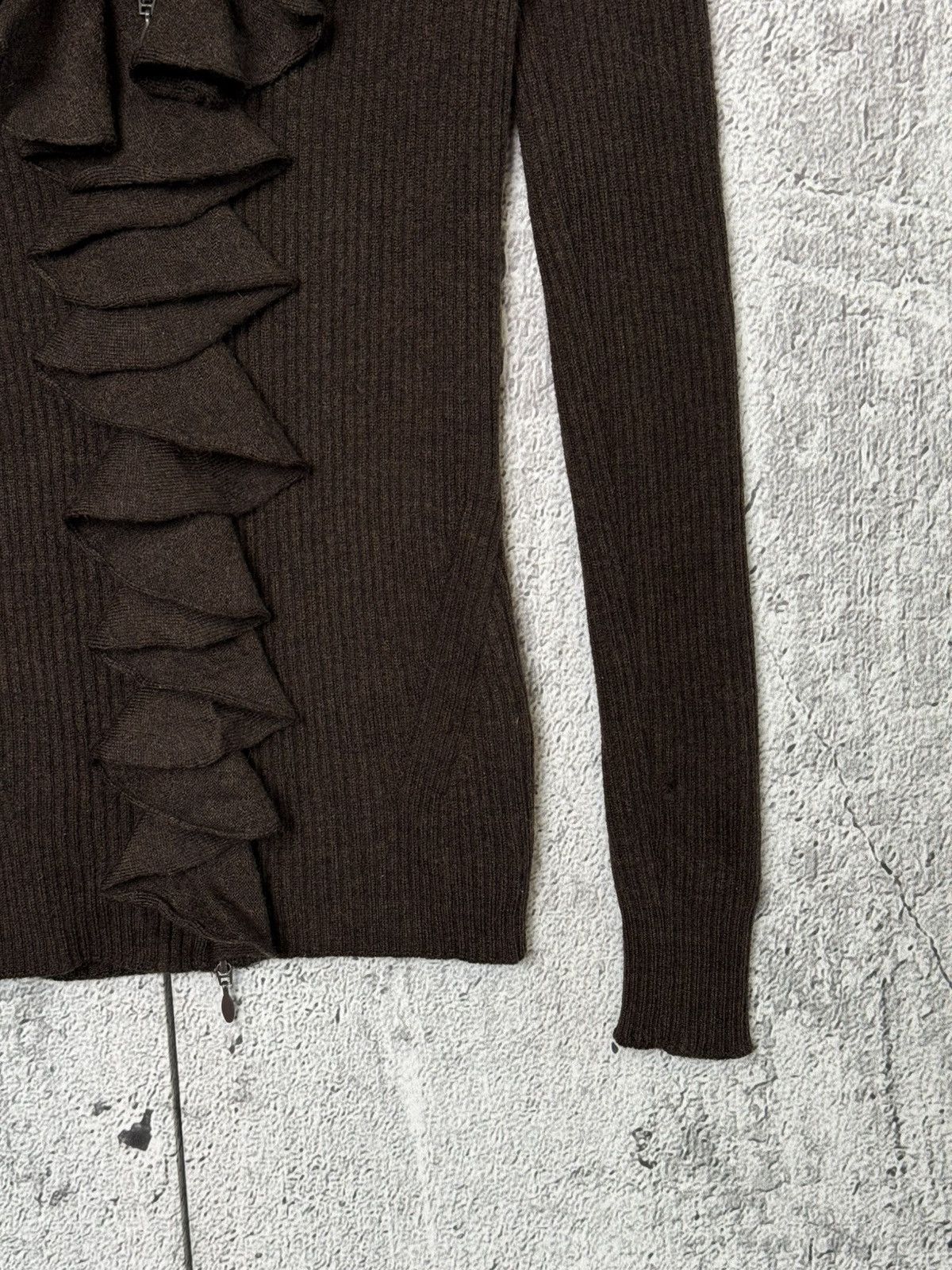 D.Exterior D.Exterior Brown Ribbed Wool Ruffle Zip Cardigan Sweater Size L / US 10 / IT 46 - 6 Thumbnail