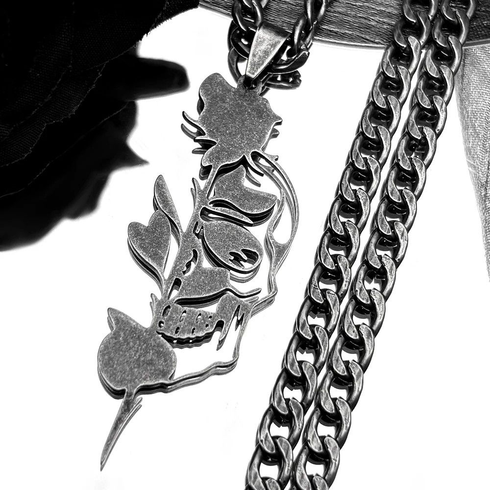 Jewelry Hollow Gothic Skull Rose Flower Pendant Charms Necklace Size ONE SIZE - 4 Thumbnail