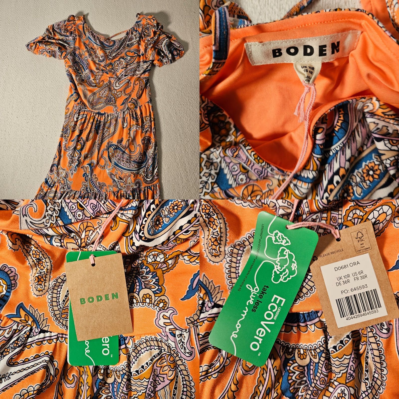 Boden Boden Maxi Dress Orange Paisley 6 R D0681 Cross Strap Back Short Sleeve Cap Sleeve Floral 100% Cotton Womens Size 28" / US 6 / IT 42 - 8 Thumbnail
