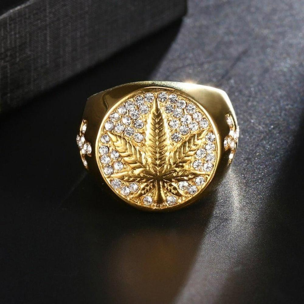 Designer Round Cross Maple Leaf Gold Signet Ring - Size 7 Size ONE SIZE - 1 Thumbnail