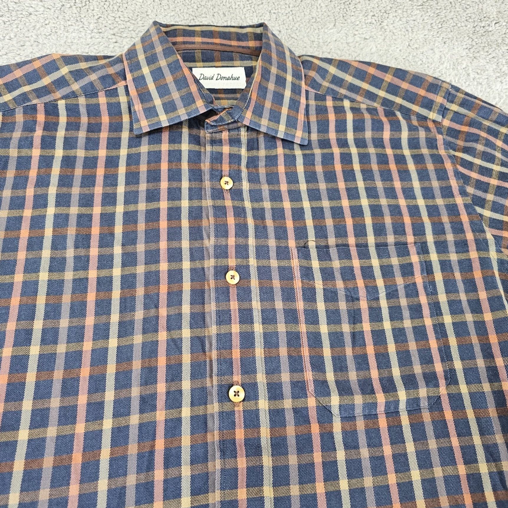 David Donahue David Donahue Dress Shirt Mens Size Large Navy Brown Plaid Button Up Long Sleeve Size 42R - 3 Thumbnail