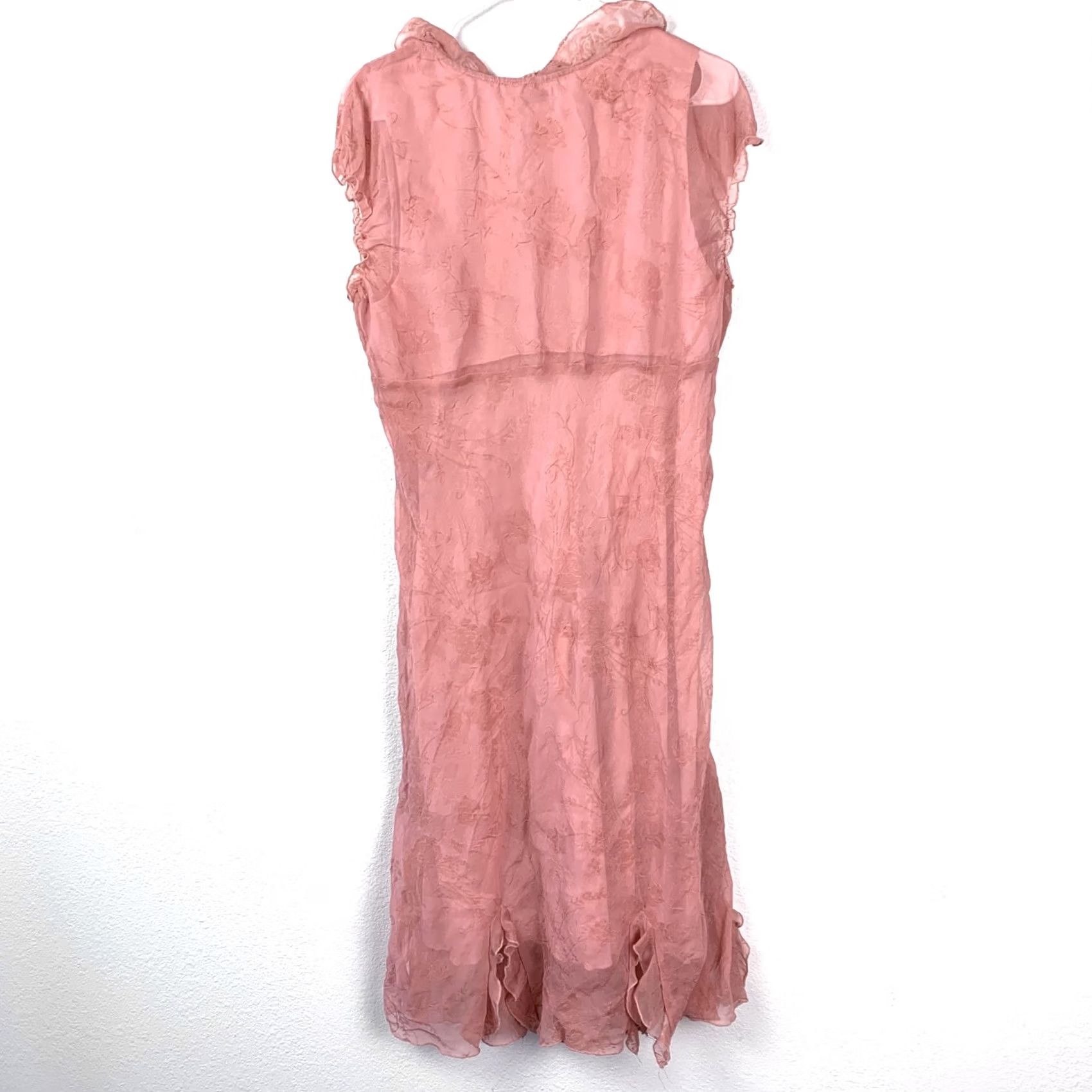 Pinko VINTAGE CDC petites Pink Crinkle Floral Ruffle Sheer Dress Midi 14 Dainty Coquette Size XL / US 12-14 / IT 48-50 - 6 Thumbnail