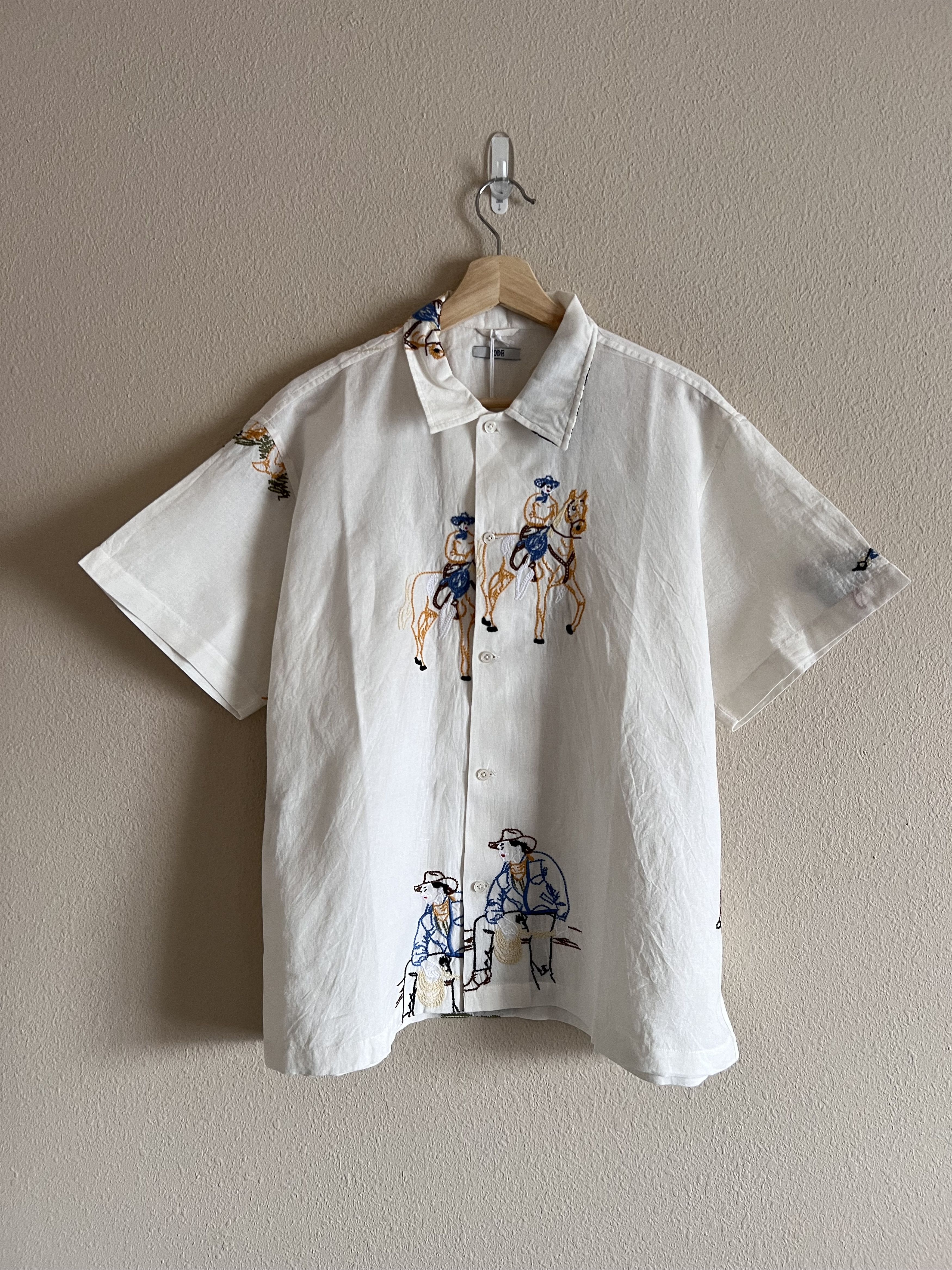 image of Bode Embroidered Buckaroo Ss Linen Shirt In White, Men's (Size 2XL)