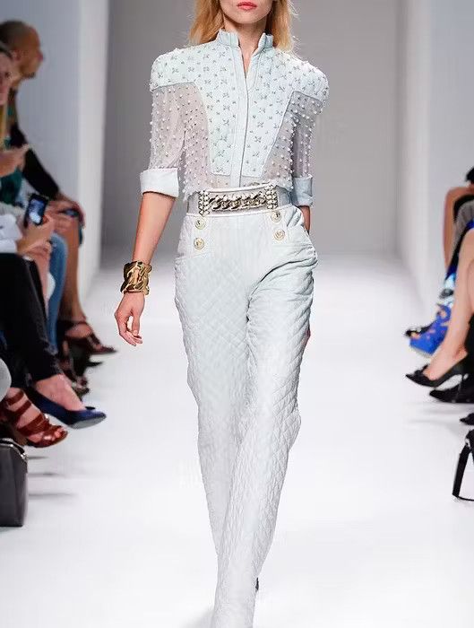 image of Balmain Ss14 Swarovski Embellished Top in Blue, Women's (Size XS)