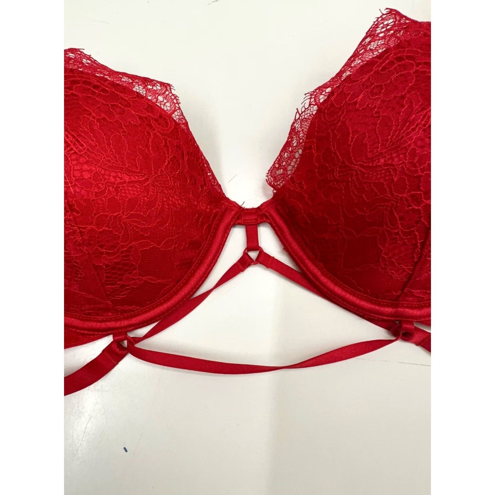 Victoria's Secret Victoria's Secret Bra 32D Very Sexy Lightly Lined Plunge Red Lacy Strappy Womens Cup D Push Up Size ONE SIZE - 5 Thumbnail