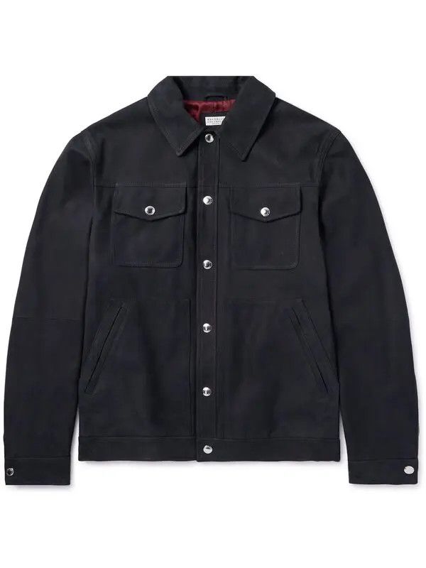 Brunello Cucinelli o1w1db11025 Nubuck Trucker Jacket in Navy Blue Size US XS / EU 42 / 0 - 1 Thumbnail