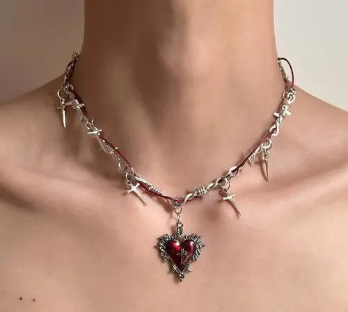 Jewelry 587Silver Barbed Wire Cross Necklace with Red Heart Pendant Size ONE SIZE - 2 Thumbnail
