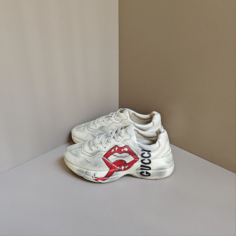 Gucci Gucci Rhyton Leather Casual Sneakers with Lip Print 0079 Size US 8 / EU 41 - 1 Thumbnail