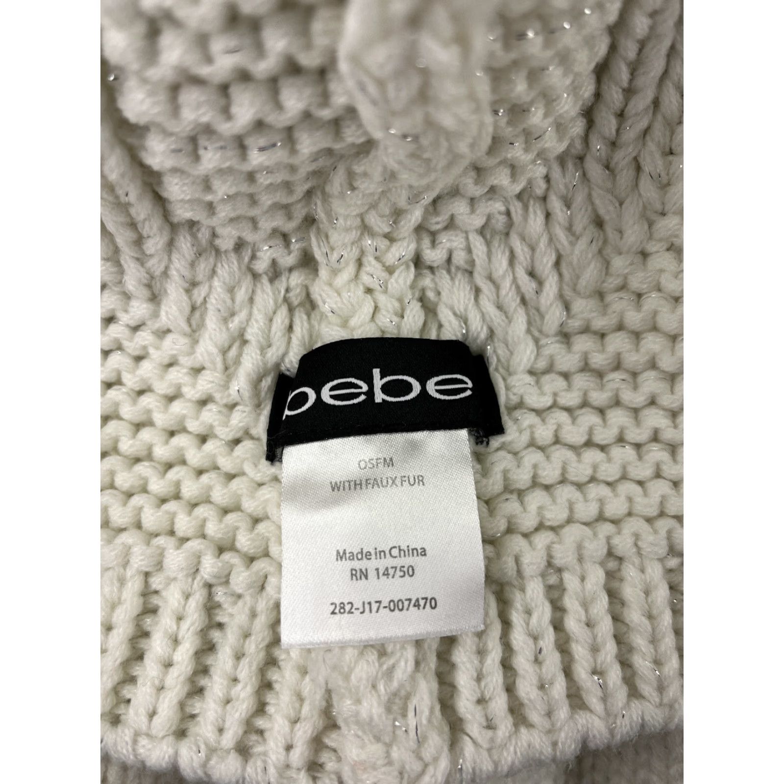 Bebe bebe Beanie Toque Womens One Size White Sparkly Knit Faux Fur Pom Ski Hat/Cap Accessories Rhinestone Logo Winter Urban 90s Mens Womens Size ONE SIZE - 7 Thumbnail