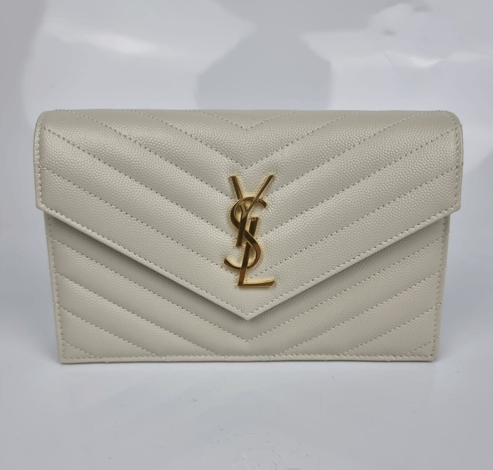 Saint Laurent Paris YSL Cassandre Envelope Crema Grained Leather Chain Wallet Size ONE SIZE - 1 Thumbnail
