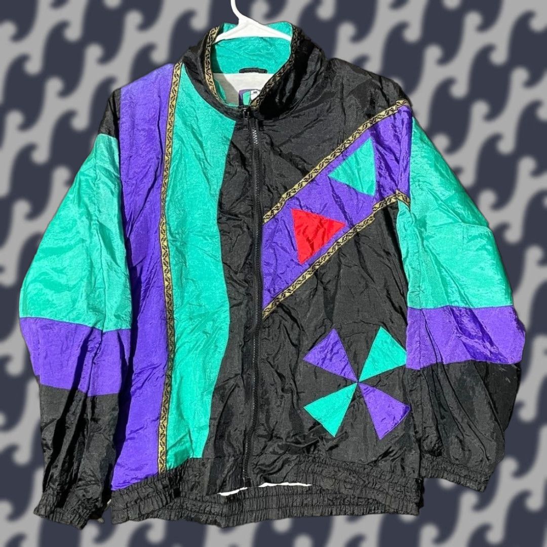 Vintage VINTAGE WindBreaker Jacket 2P 2B Active Track Black Geometric Full Zip Women, Petite Size XS / US 0-2 / IT 36-38 - 1 Thumbnail