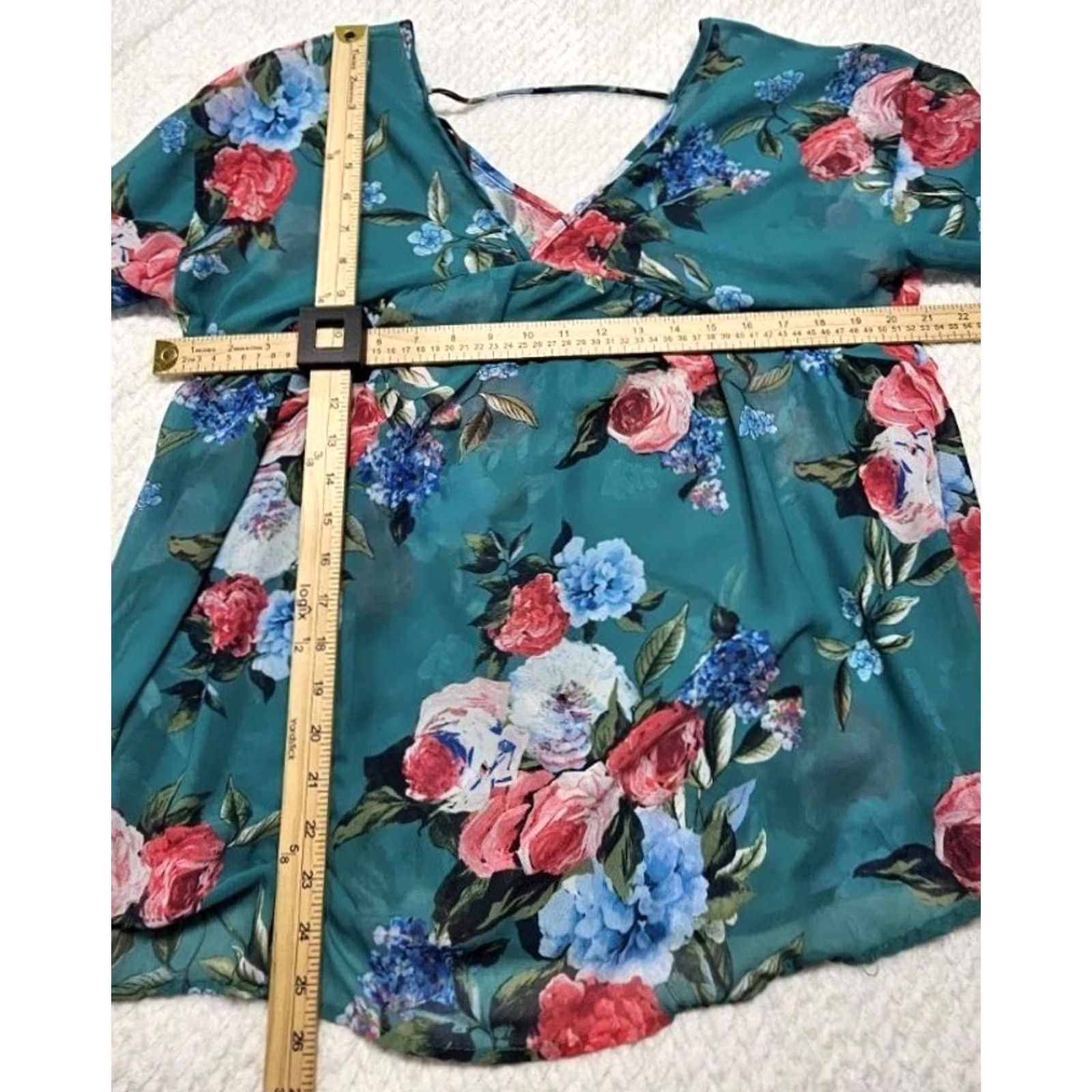 Vintage Women’s L Madeline Teal Floral Chiffon Sheer Boho Romantic V Neck Blouse Size L / US 10 / IT 46 - 4 Thumbnail