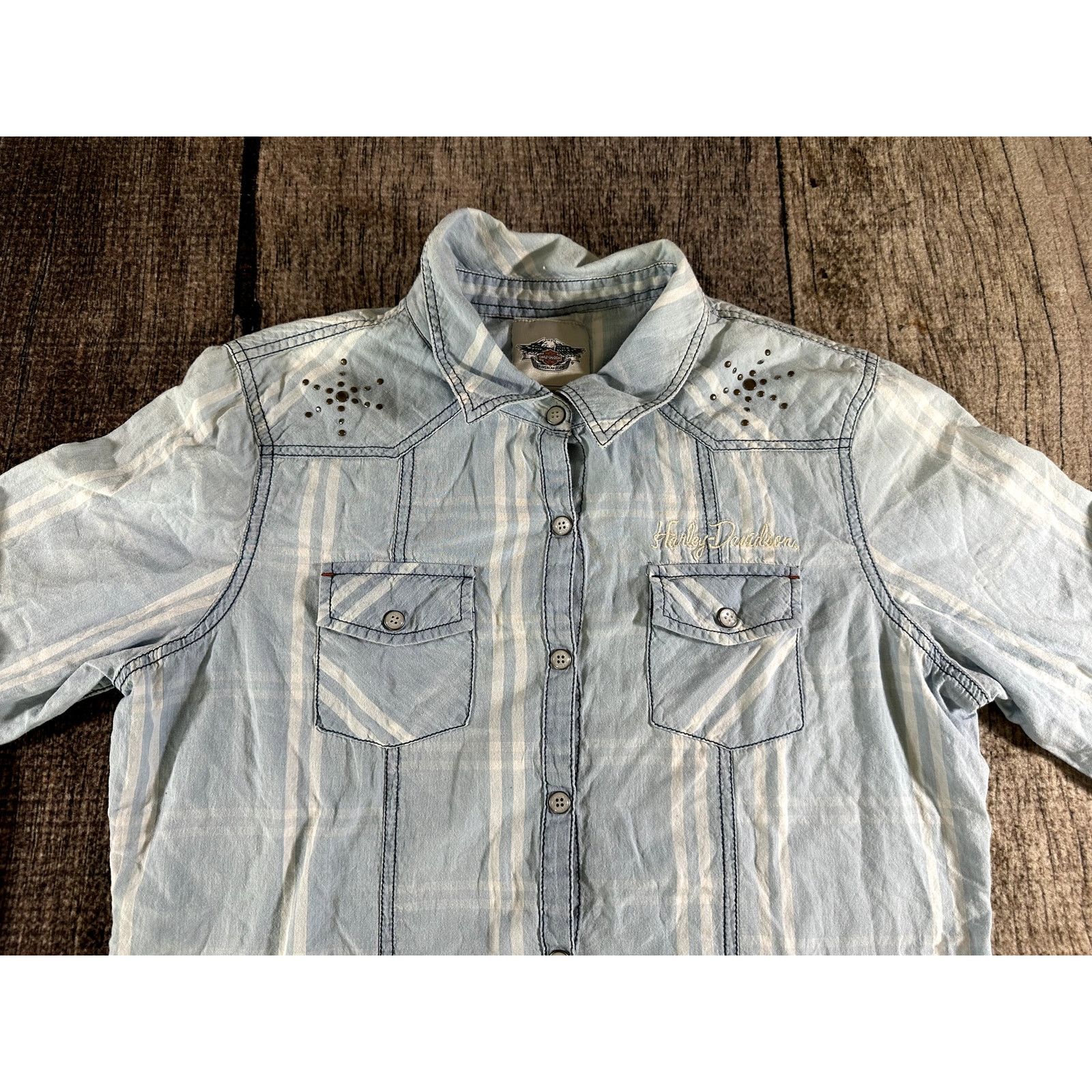 Harley Davidson Harley Davidson Womens Blue Large Button Down Pocket Shirt Size L / US 10 / IT 46 - 4 Thumbnail
