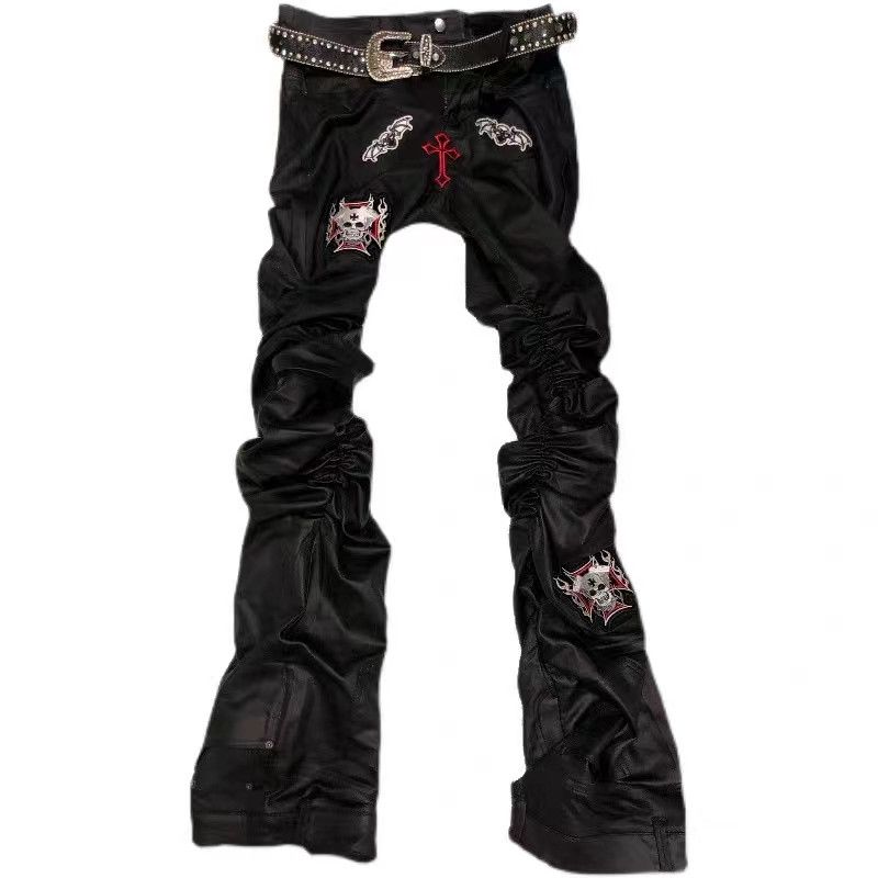 Vintage matte coated panel pleated stacked leather pants