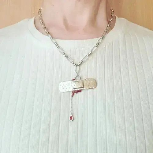 Jewelry Punk Silver Bleeding Heart Band-aid Necklace Size ONE SIZE - 3 Thumbnail