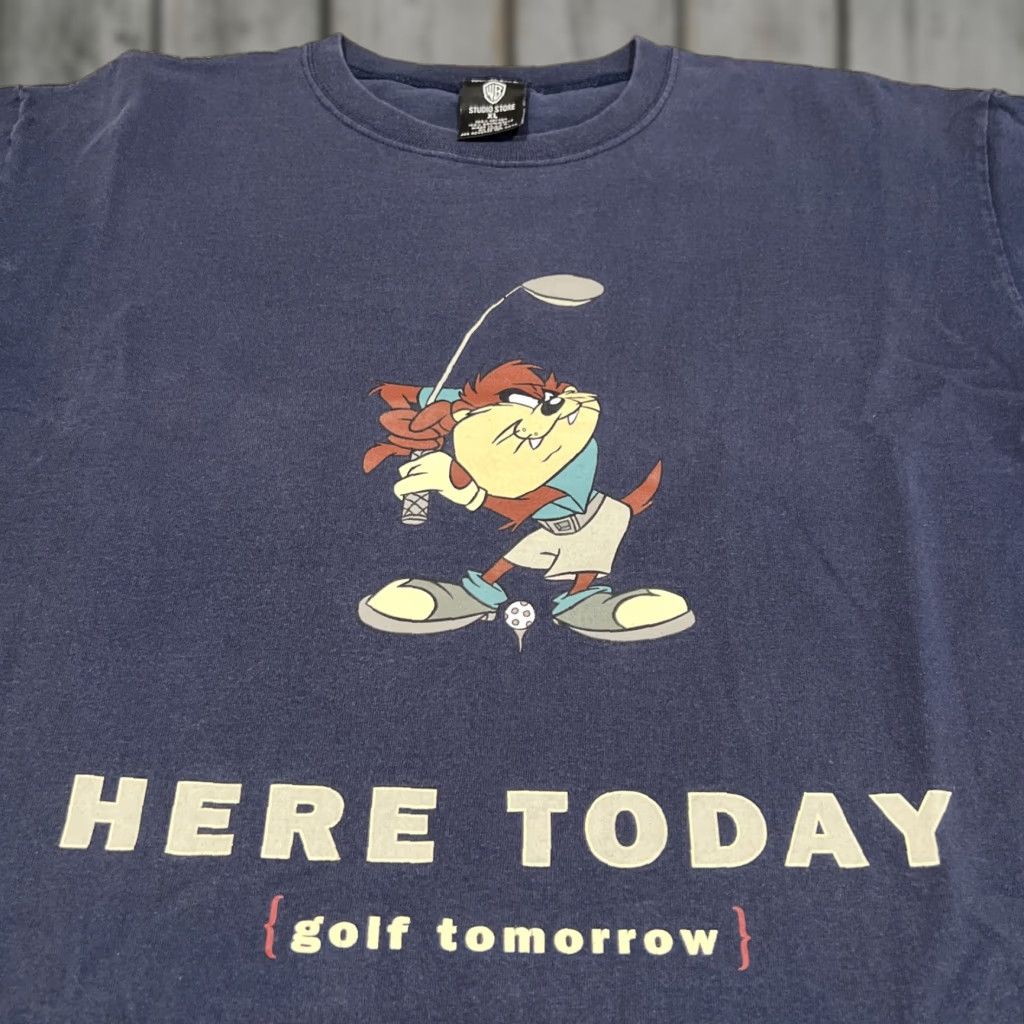 Vintage VINTAGE Warner Bros Taz Golf TShirt Men's XL Blue Crew Neck Short Sleeve Here Today Golf Tomorrow Single Stitch 1996 Cartoon 90s Mens Size US XL / EU 56 / 4 - 1 Thumbnail
