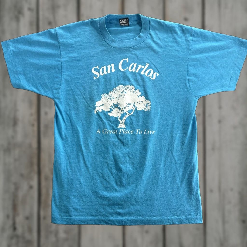 Fruit Of The Loom VINTAGE San Carlos Shirt Mens L Blue Fruit of the Loom Tee California Tree 90s City Travel Palm Print Graphic Cotton Polyester Crew Neck Short Sleeve Size US L / EU 52-54 / 3 - 1 Thumbnail
