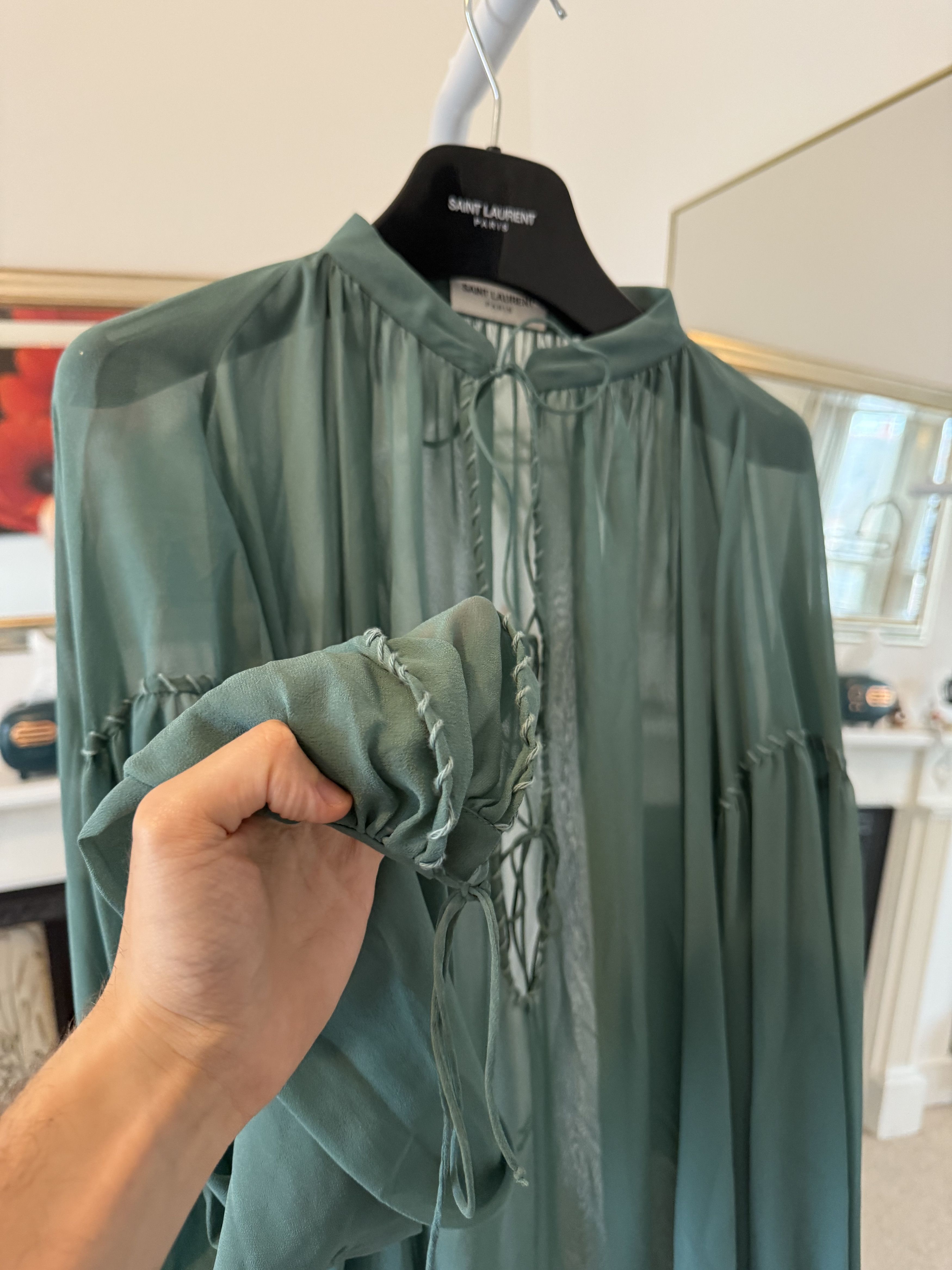 Saint Laurent Paris SS22 Saint Laurent Blouse in Silk Georgette Teal Size US L / EU 52-54 / 3 - 7 Thumbnail