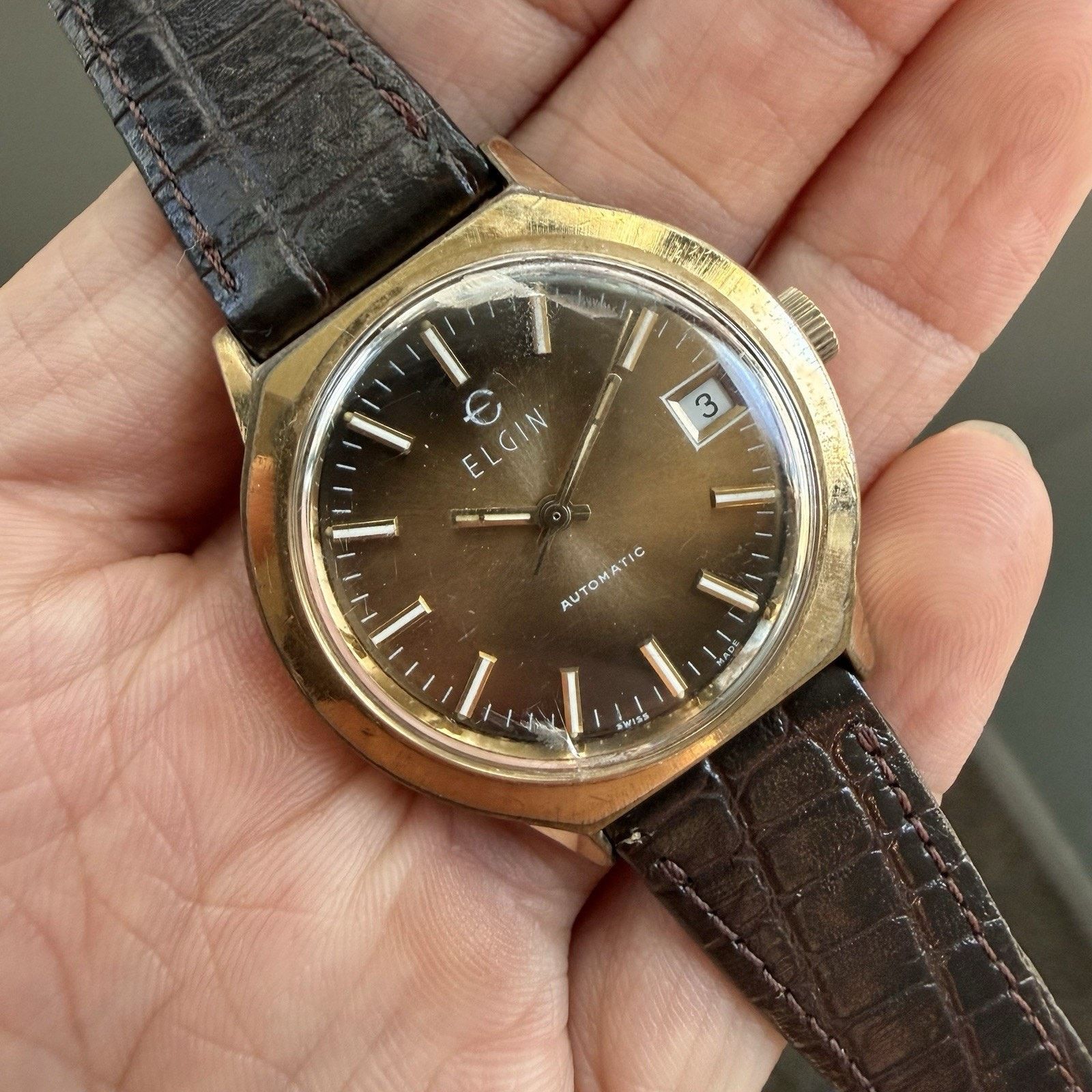 Elgin National Watch Company × Vintage Vintage Elgin Swiss Automatic Watch Brown Dial Gold Tone Size 34 - 1 Thumbnail