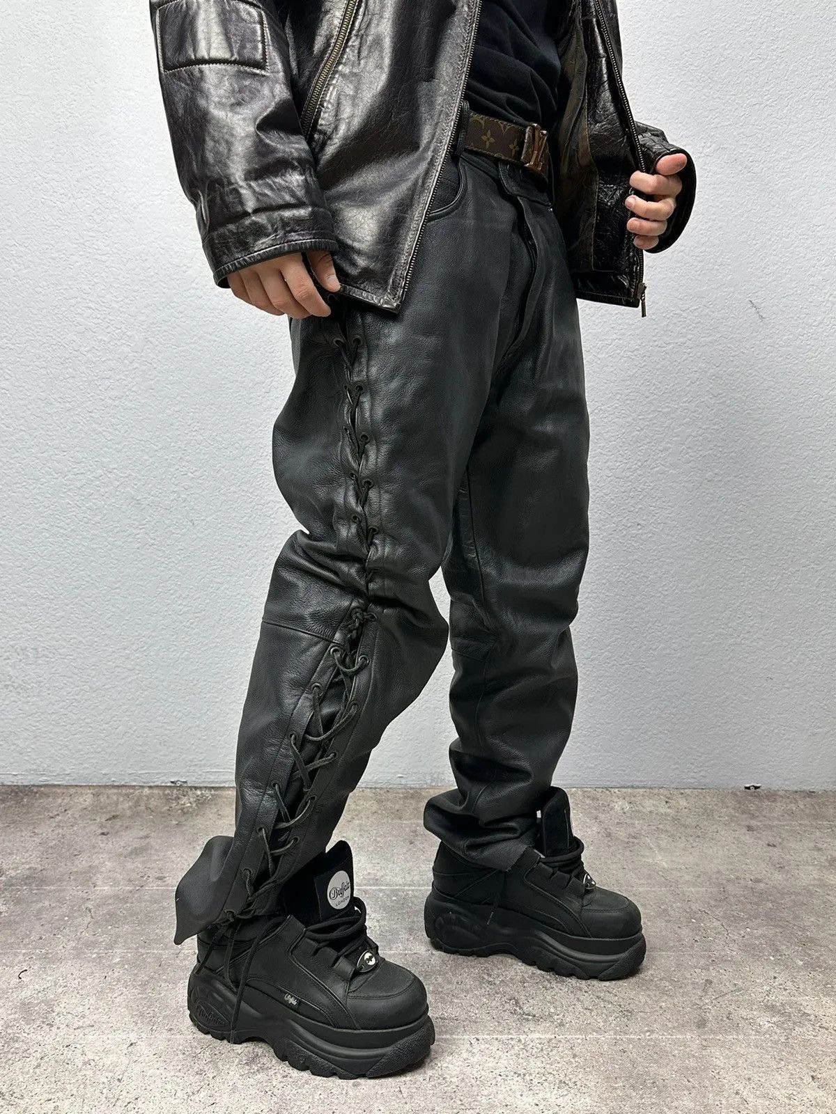 Jean Paul Gaultier Leather Pants Rick Owens Style Vintage Avantgarde Moto Japan Size US 38 / EU 54 - 2 Thumbnail