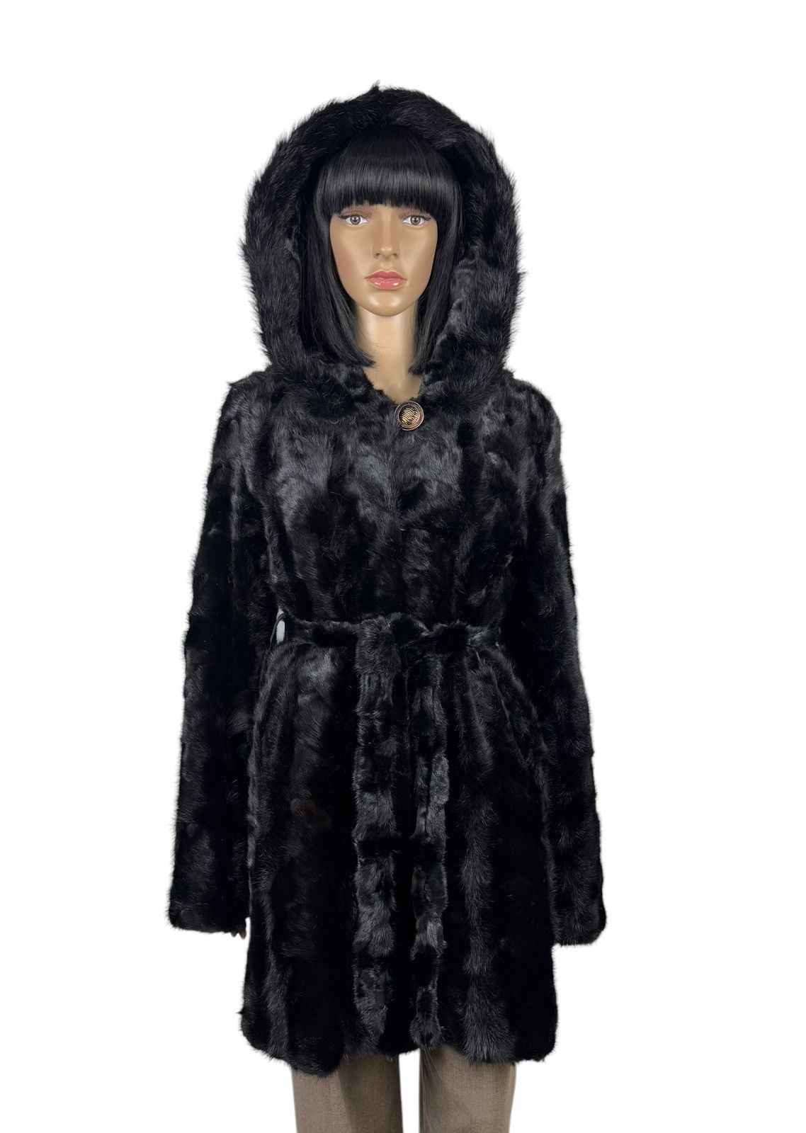 Designer Real Mink Fur Coat Hooded Belted size XS Size XS / US 0-2 / IT 36-38 - 3 Thumbnail