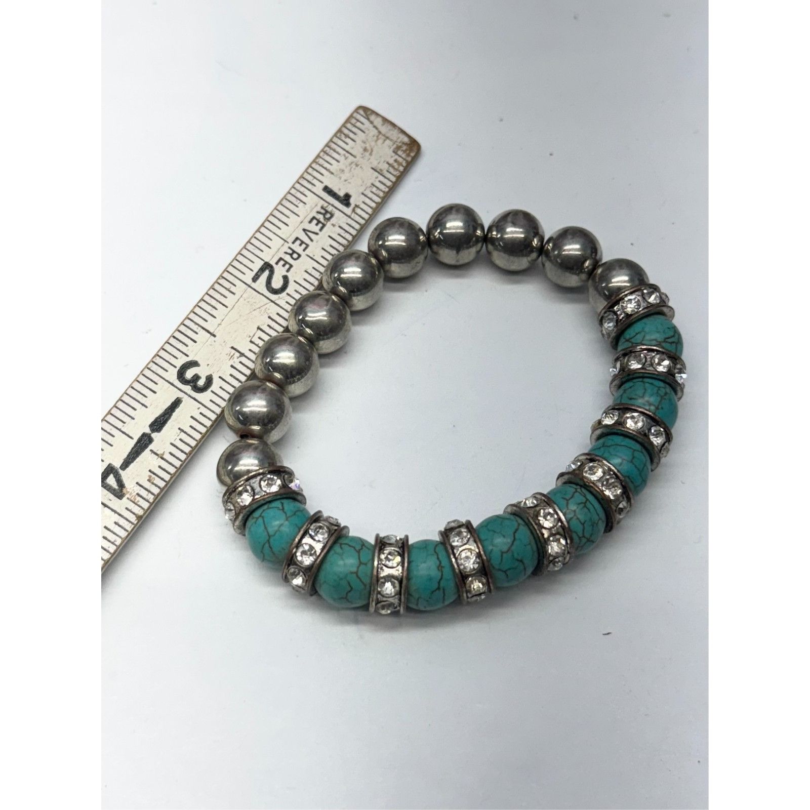 Vintage Vintage silver turquoise rhinestone beaded stretch bracelet Size ONE SIZE - 4 Thumbnail