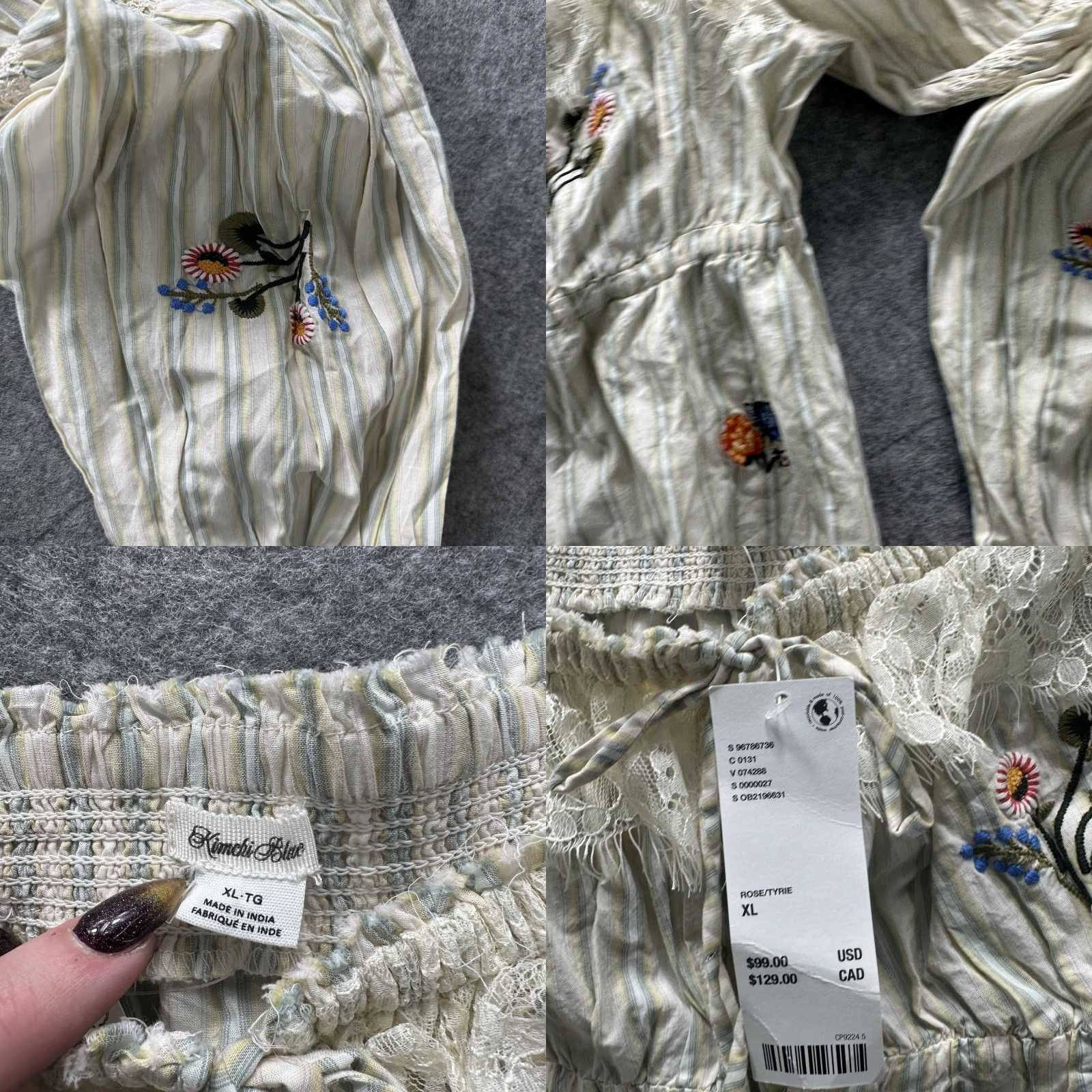 Vintage Kimchi Blue Top Womens XL White Stripe Floral Boho Peasant Rose Tyrie Size XL / US 12-14 / IT 48-50 - 8 Thumbnail