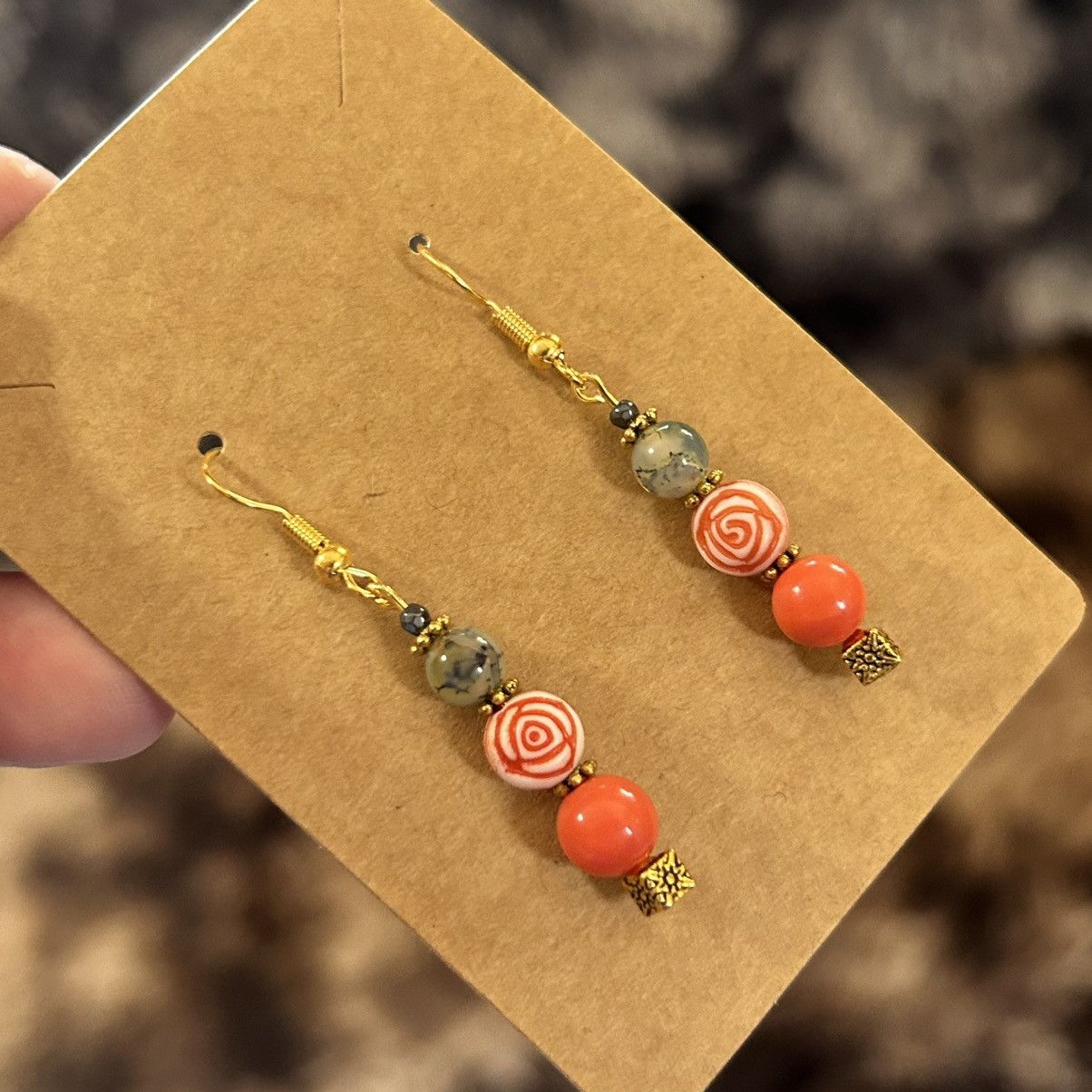 Handmade Handcrafted vintage bead dragon vein agate earrings Size ONE SIZE - 1 Thumbnail