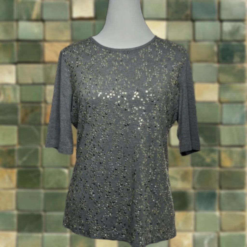 St. John St. John VTG Yellow Label Embellished Top Tee Shirt M Rhinestones Gray Short Sleeve Women Shirt Size M / US 6-8 / IT 42-44 - 1 Thumbnail