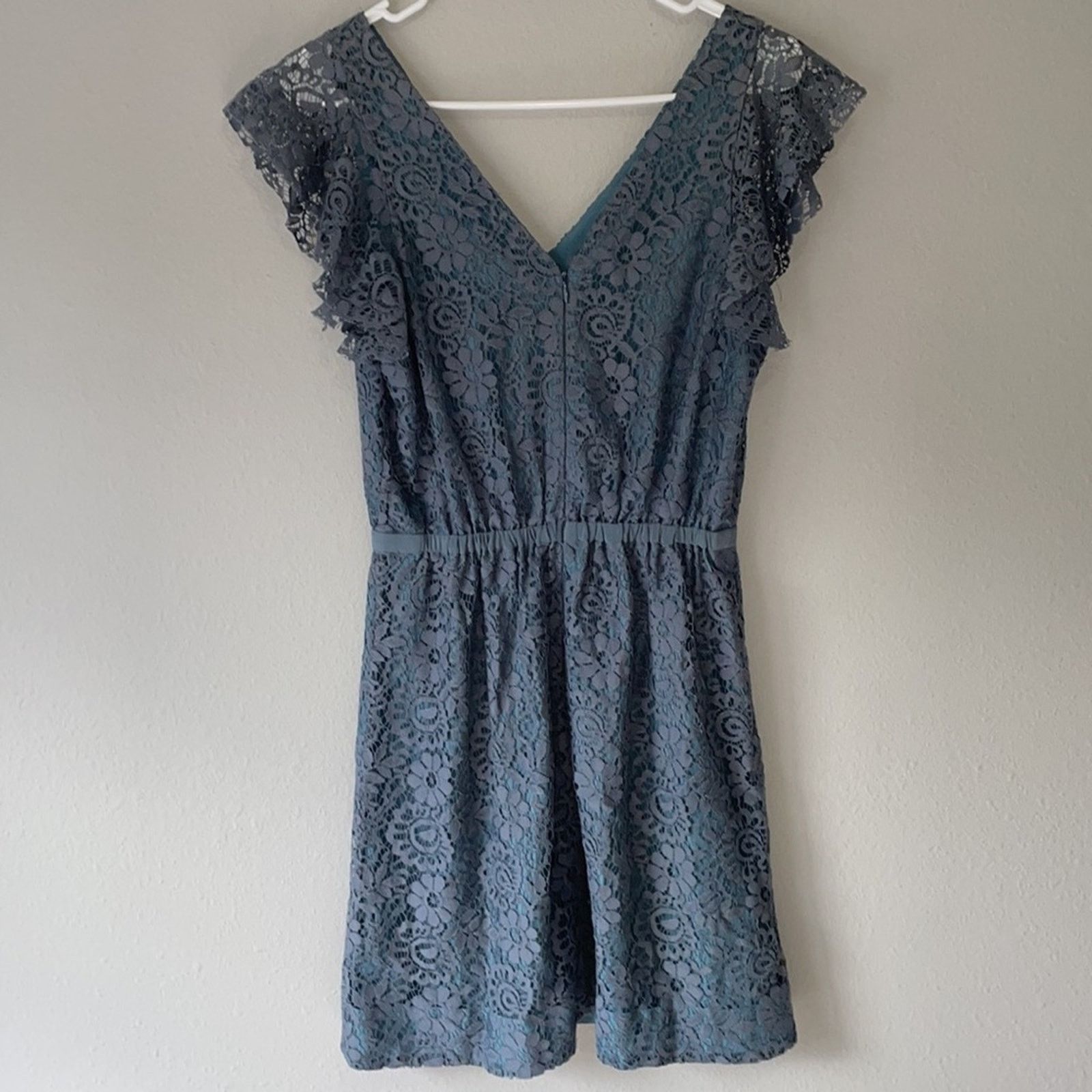 Madewell Madewell Blue Mini Dress 00 Flutter Sleeve Lace Lined Smock Size XXS / US 00 / IT 34 - 2 Thumbnail