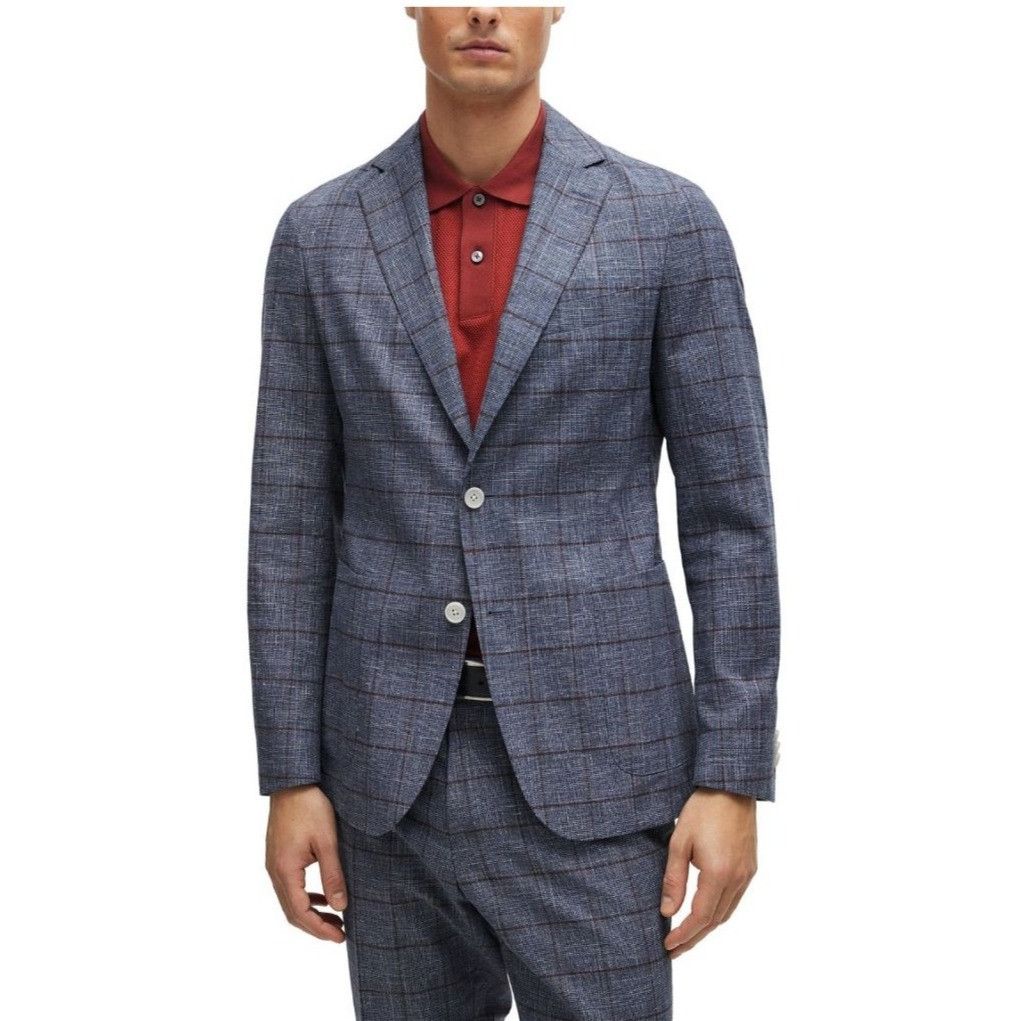 Hugo Boss Hugo Boss Slim-Fit Micro-Patterned Jacket Blue Checkered Lin Size US L / EU 52-54 / 3 - 16 Thumbnail