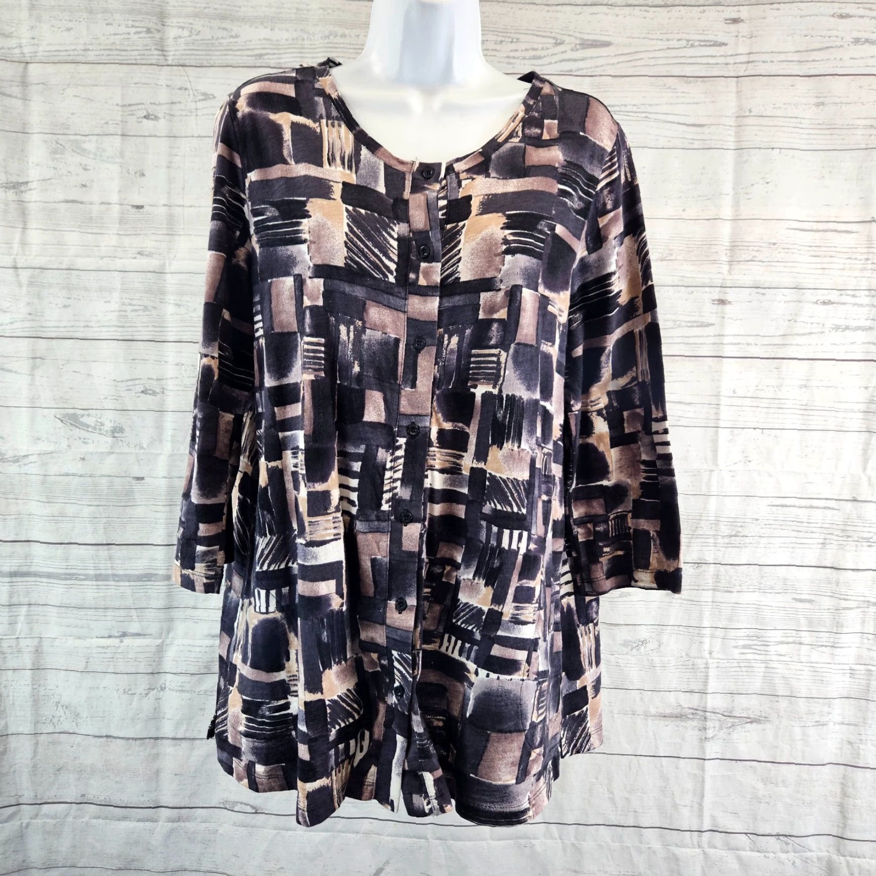 Vintage LOGO Lori Goldstein Womens Blouse Shirt 3/4 Sleeve Small Black Brown Button Front Top Womens Size S / US 4 / IT 40 - 2 Thumbnail