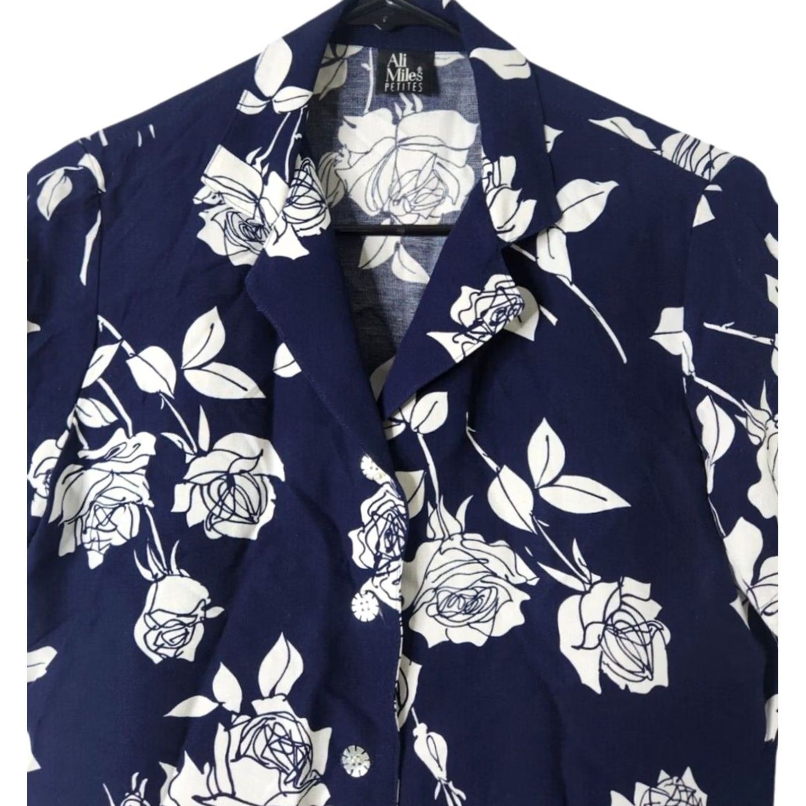 Vintage Ali Miles Top Shirt Floral Navy Petite S Size S / US 4 / IT 40 - 3 Thumbnail