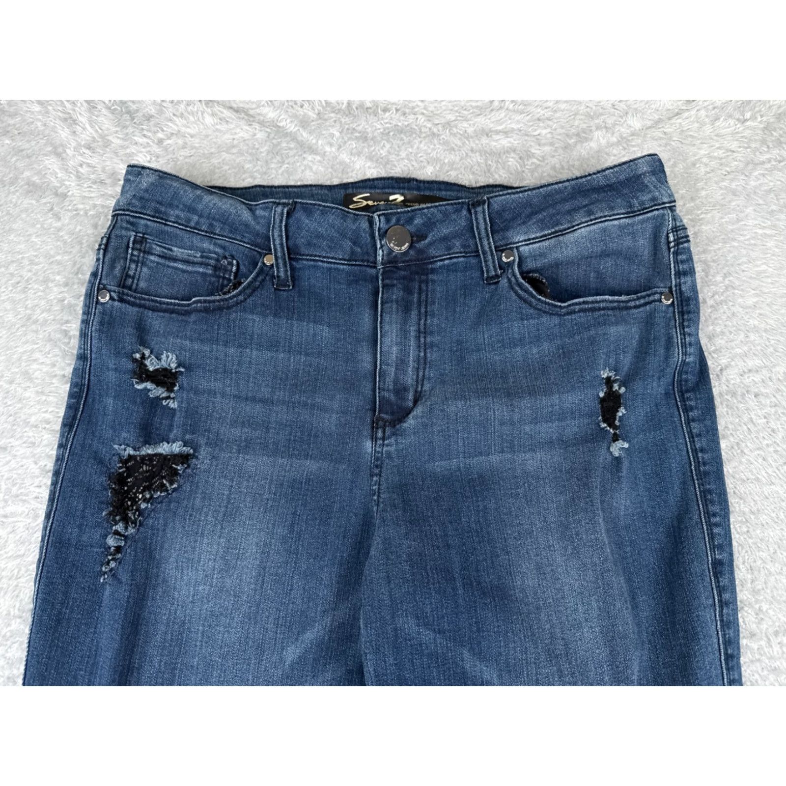 Vintage Seven7 Jeans Women Skinny Jeans 34x28 Blue Denim Distressed Mid Rise 16 5-Pocket Logo Embroidered Cotton Regular Adult Womens Size 38" / US 16 / IT 52 - 4 Thumbnail