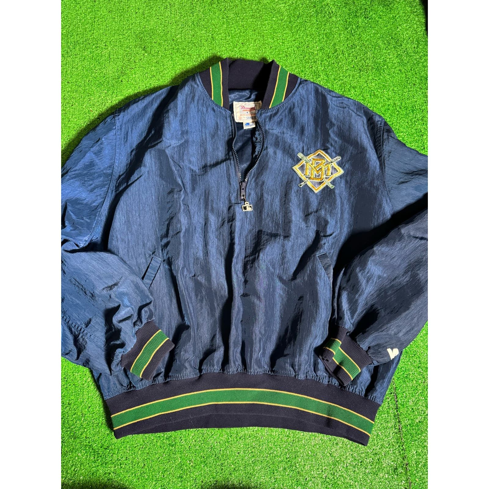 image of VTG Milwaukee Brewers Starter 3/4 Zip Jacket Navy Size XL in Green, Men's