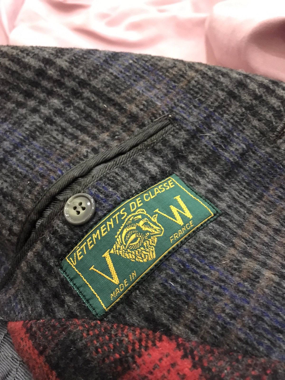 image of Vintage Made In France Thick Heavy Wool, Grey Check With Subtle Blue, Men's (Size Medium)