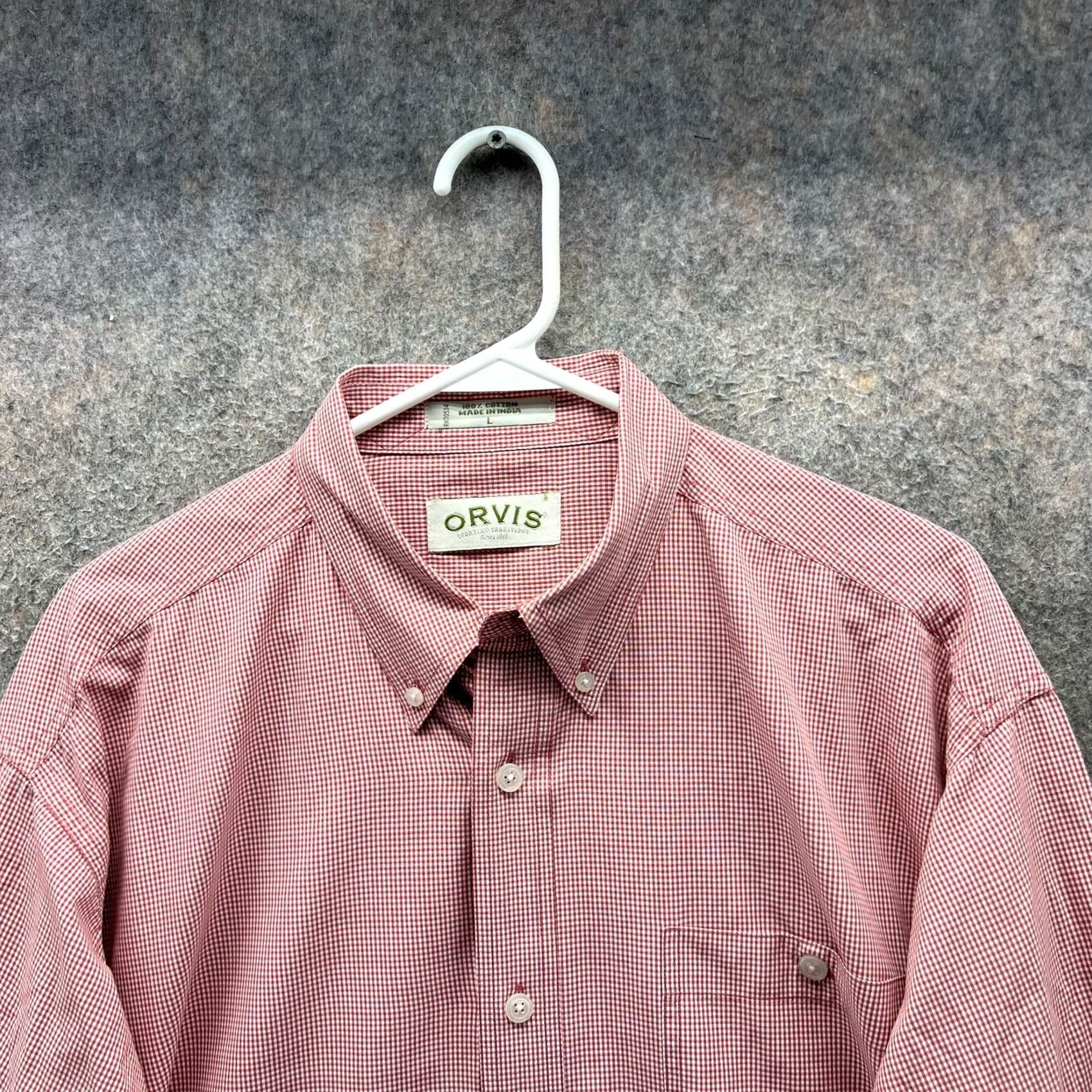 Orvis Orvis Shirt Mens Large Red White Button Down Preppy Dress Gingham Cotton Vintage Size 42R - 5 Thumbnail