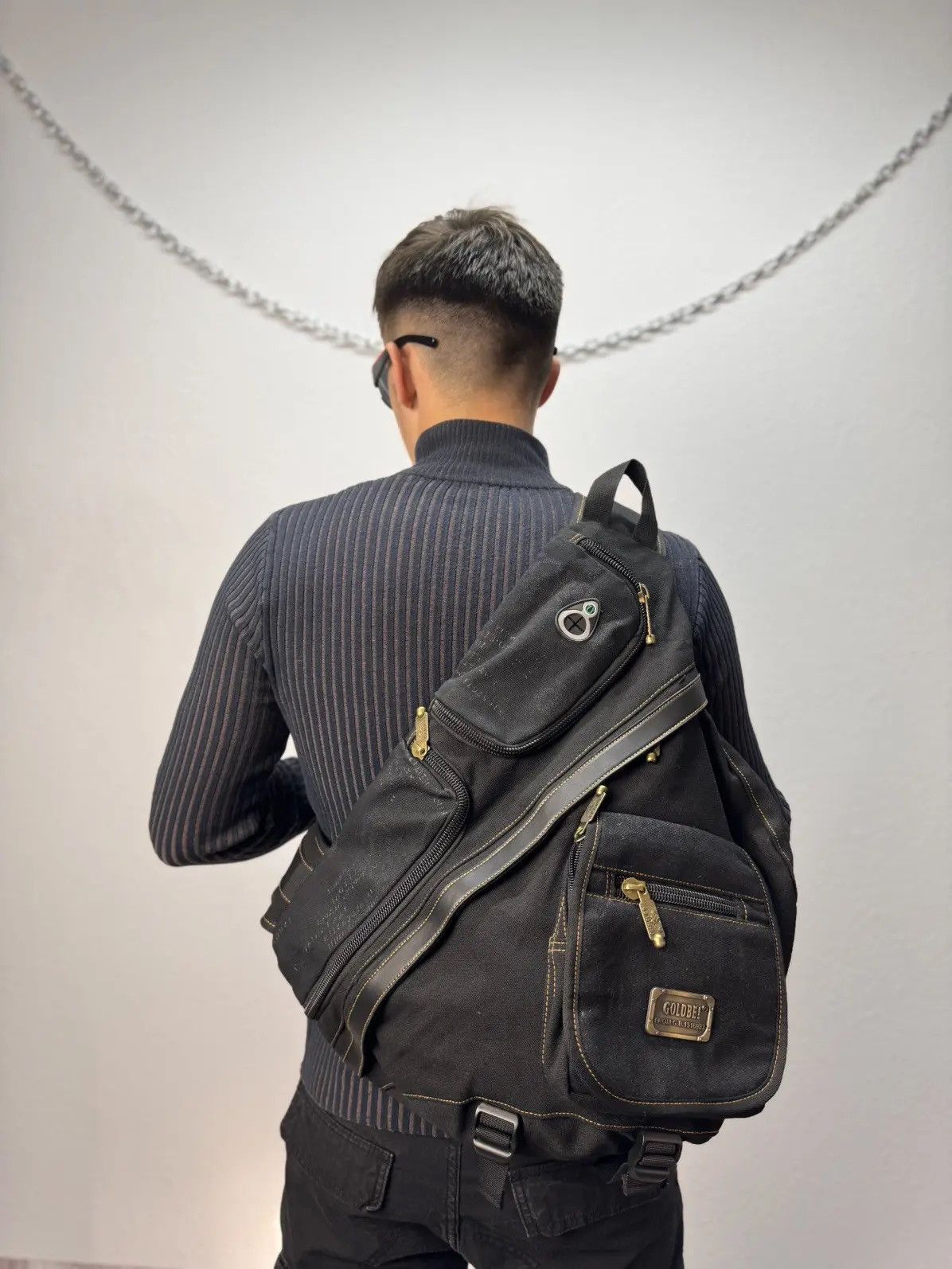 M1945 Canvas Military Army Sling Bag Leanther in Black, Men's