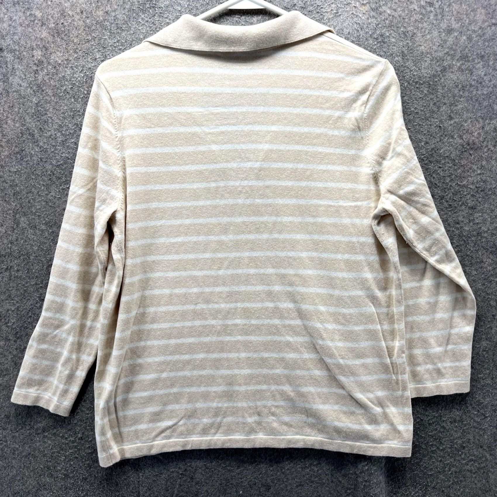 J.McLaughlin J. McLaughlin Polo Shirt Womens Medium Beige Stripe 3/4 Sleeve Collared Top Size M / US 6-8 / IT 42-44 - 2 Thumbnail