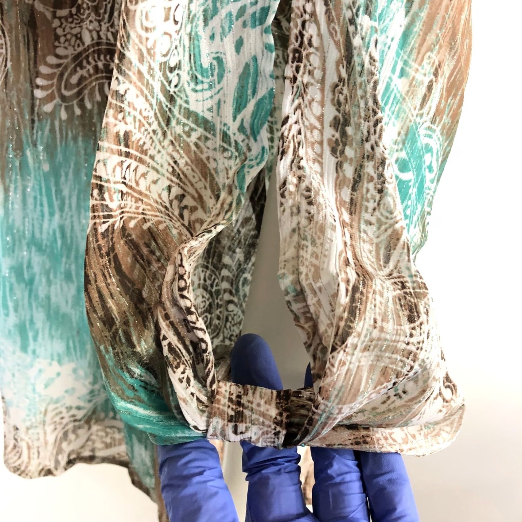 Vintage Dressbarn Blouse Shirt Dressbarn XL Whimsy Smocked BOHO Abstract Top Sheer Sleeve Brown Blue Geometric Long Sleeve Scoop Neck Casual Womens Girls Mens Size XL / US 12-14 / IT 48-50 - 3 Thumbnail