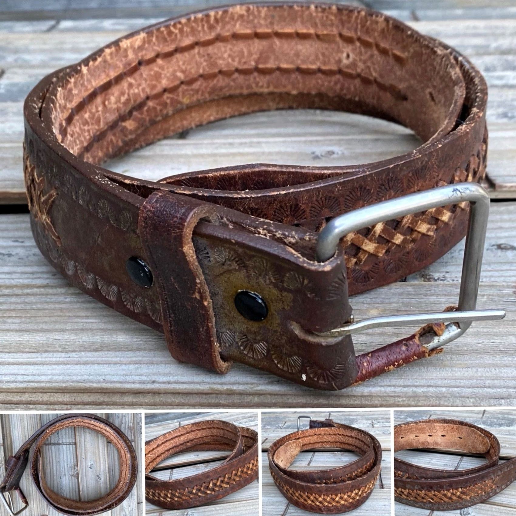Vintage VINTAGE Hand-Tooled Leather Belt 60s 70s Size 40 Brown Unbranded Western Rockabilly Size ONE SIZE - 3 Thumbnail