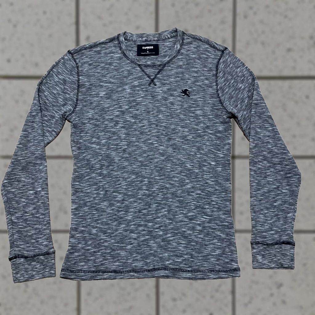 Express VINTAGE Express Y2k Slim Thermal Waffle Knit Sweater Adult L Gray Blue Pique Lion Logo Nylon? Size US L / EU 52-54 / 3 - 1 Thumbnail