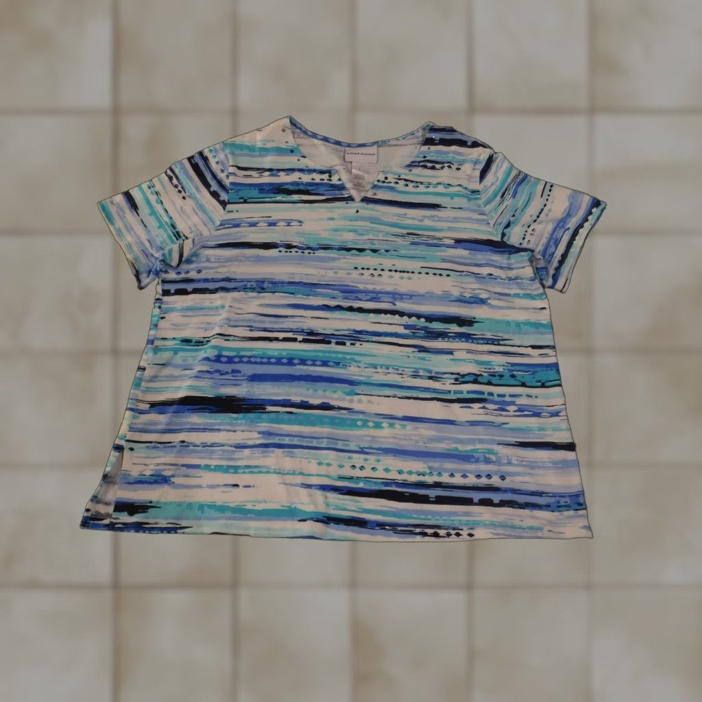 Vintage Alfred Dunner Shirt Womens Large Blue Abstract Stripe Short Sleeve Rhinestone Size L / US 10 / IT 46 - 1 Thumbnail