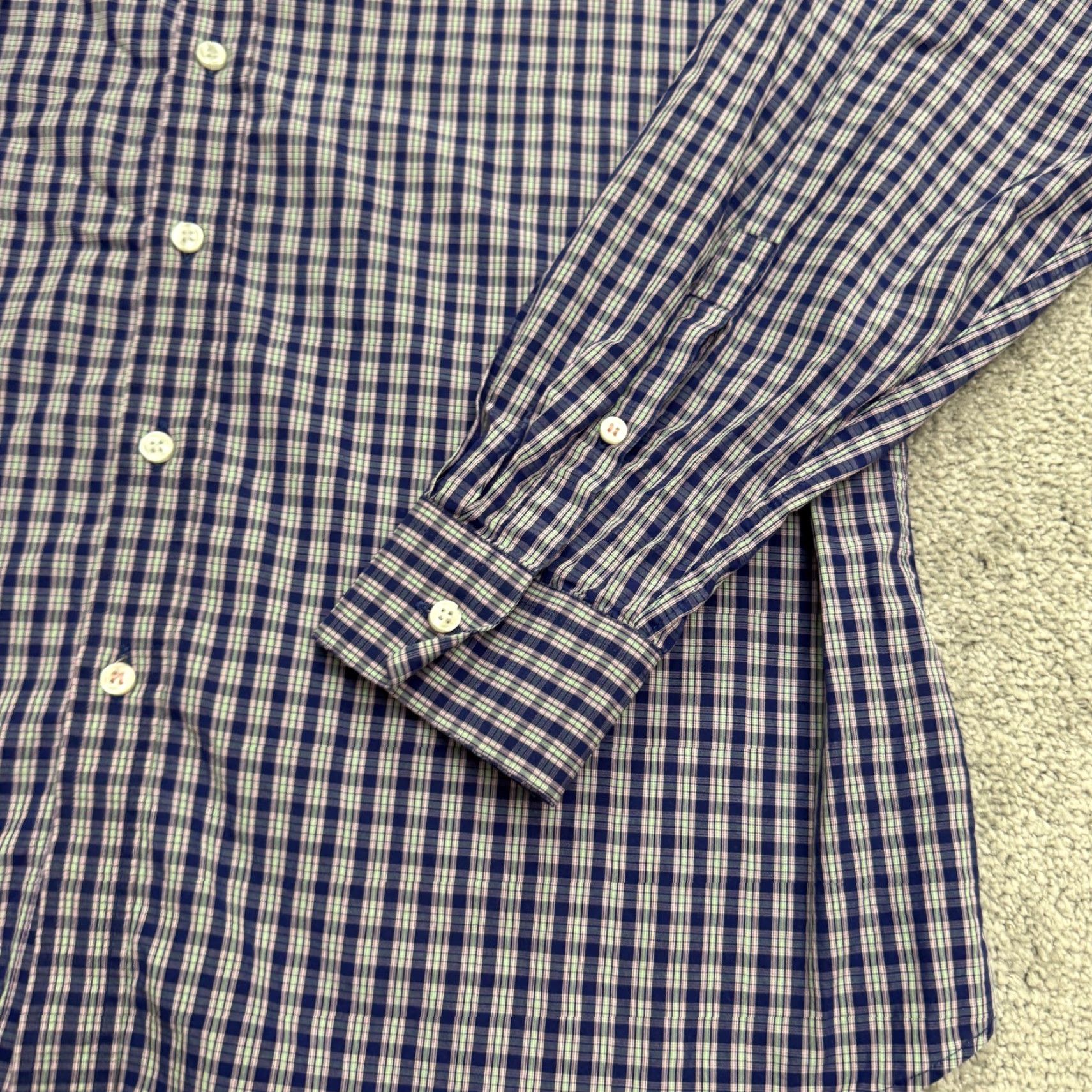 Pinko VINTAGE Thomas Pink Mens Dress Shirt Button-Up Slim Fit Long Sleeve Collared Cotton Plaid Blue Purple Green 44cm Size 44R - 5 Thumbnail