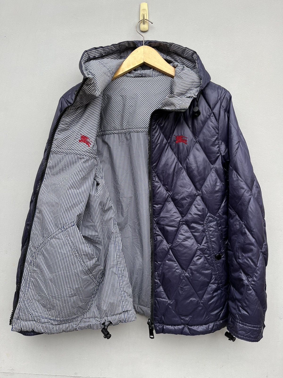image of Burberry's Nova Check Vintage Bomber Quilted Down Jacket in Navy, Men's (Size Large)