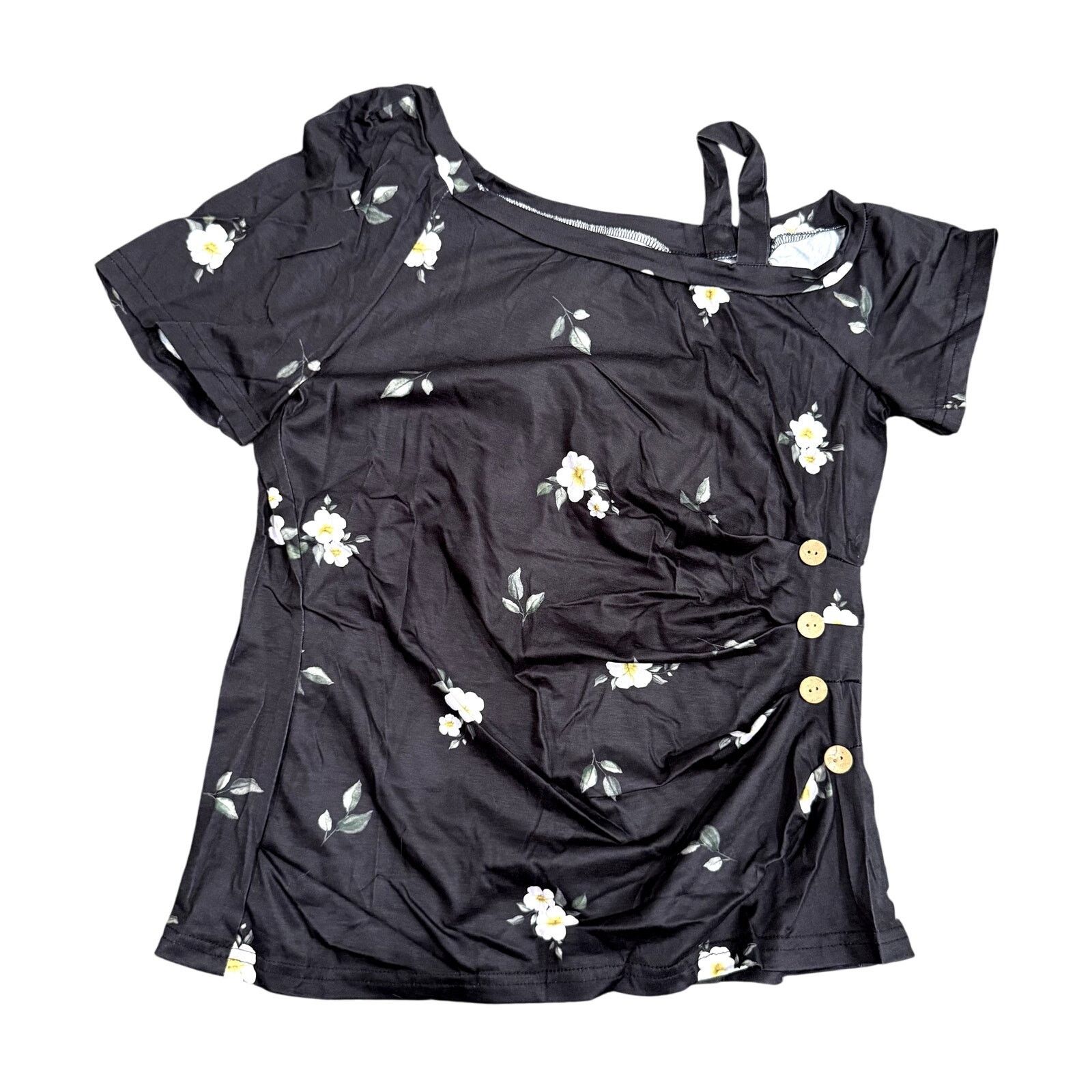 Shein Women's Floral Ruched Asymmetrical Fitted Top Black, Size L Size L / US 10 / IT 46 - 1 Thumbnail