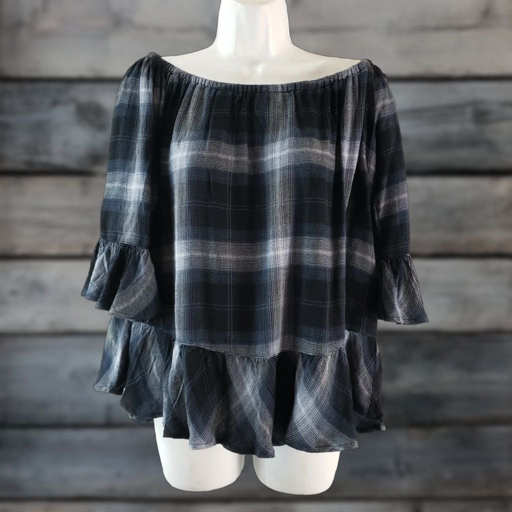 Vintage Beach Lunch Lounge Womens Blouse Off The Shoulder Top Sz M Blue Plaid Rayon 3/4 Sleeve Shirt Casual Womens Size M / US 6-8 / IT 42-44 - 1 Thumbnail