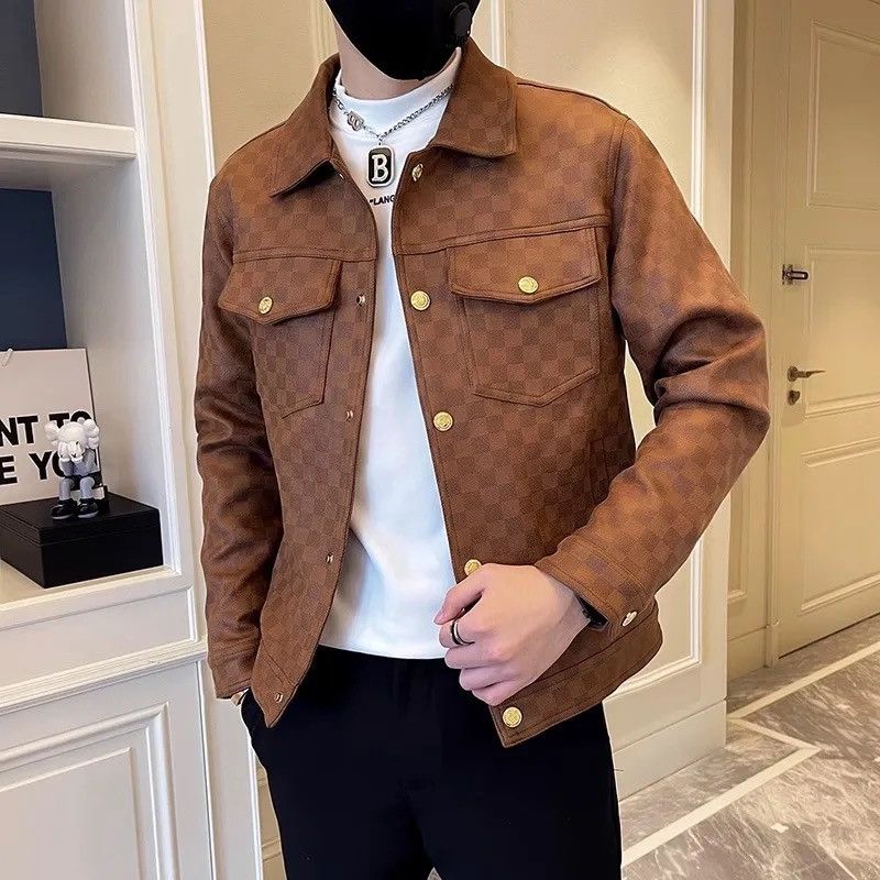 image of Brown Color Faux Leather Jacket, Men's (Size Small)