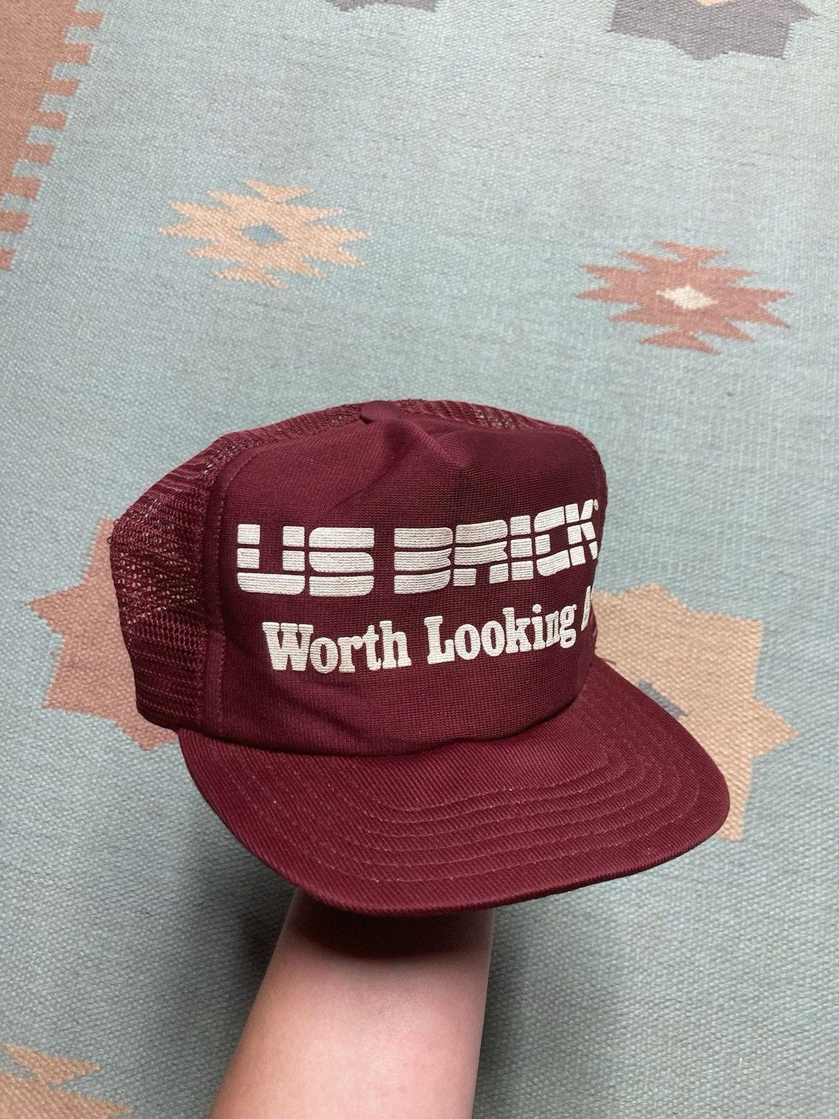 Vintage 80s trucker hat US brick worth looking at puff print maroon Size ONE SIZE - 1 Thumbnail