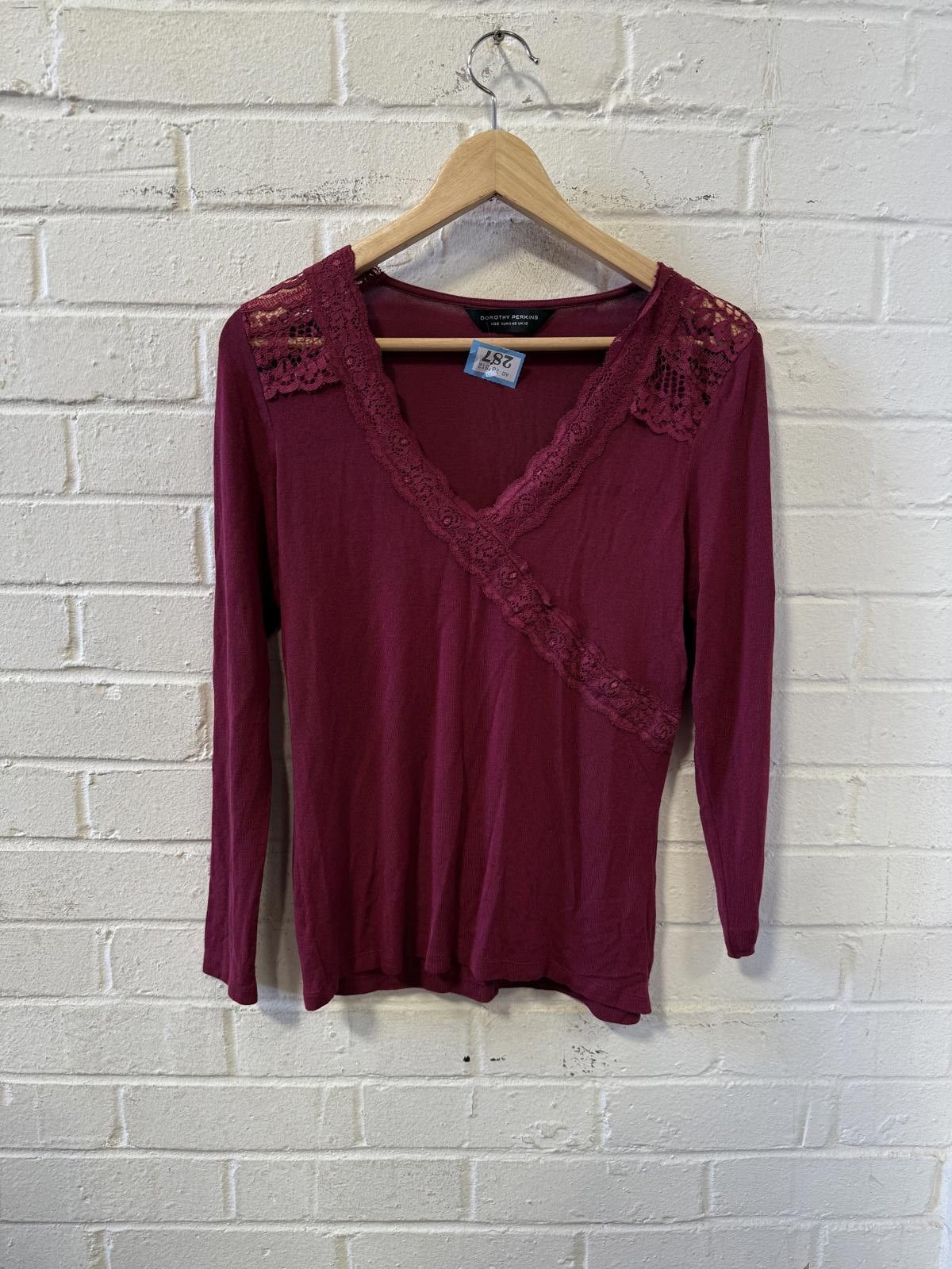 Designer Dorothy Perkins Burgundy Lace Trim Wrap Top Size M / US 6-8 / IT 42-44 - 1 Thumbnail